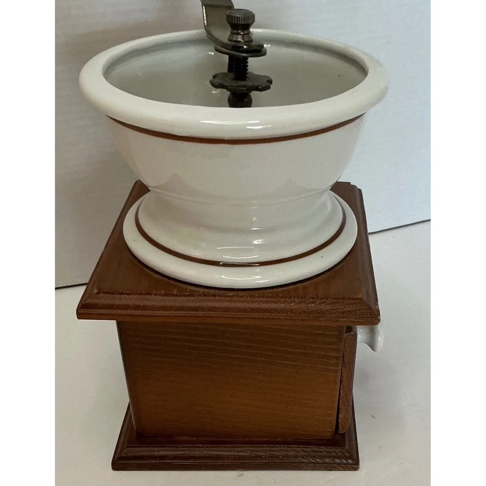 Teleflora Vintage 1982 Coffee Grinder Manual Crank Ceramic Wood Farmhouse Decor